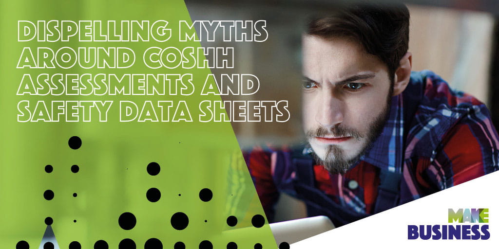 Man in check shirt staring intently. Text overlay reading: 'Dispelling myths around COSHH assessments and safety data sheets'