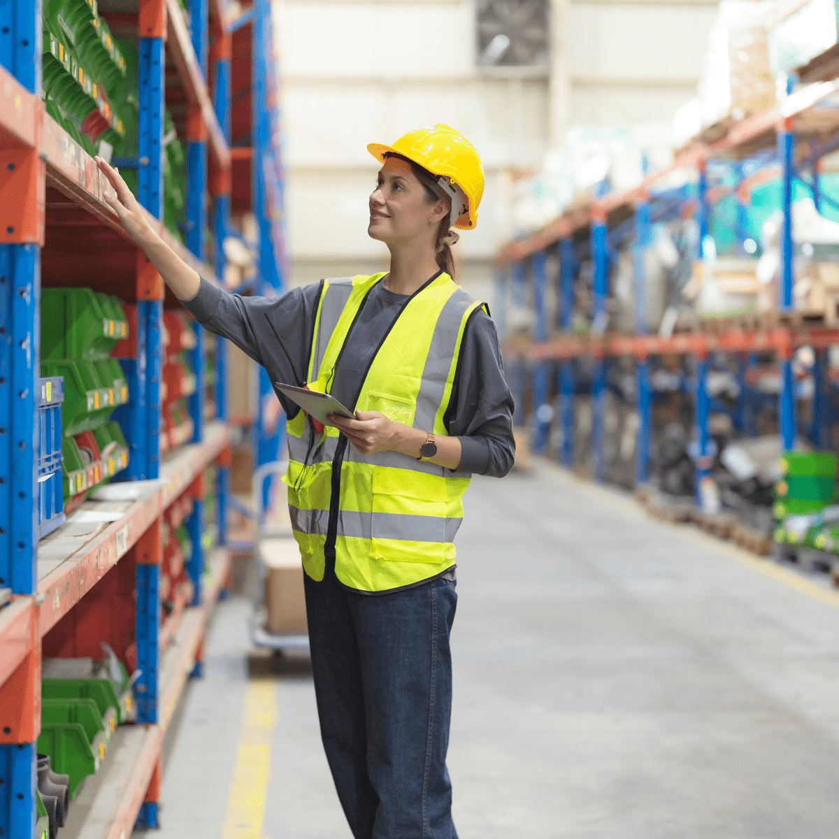 Female warehouse worker in yellow hard hat auditing inventory levels, reflecting diligent CDM practices in stock management and safety.